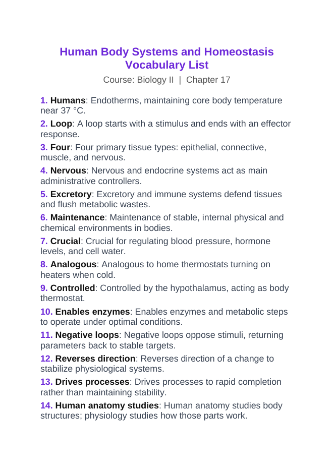 Human Body Systems & Homeostasis Vocabulary Words & Definitions sample page