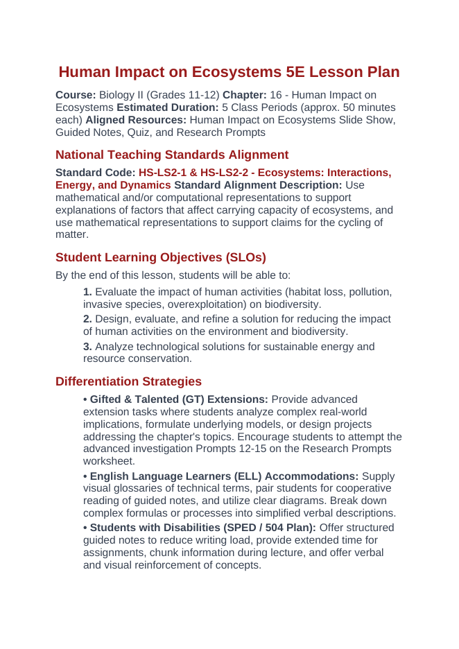 Human Impact on Ecosystems 5E Lesson Plan sample page