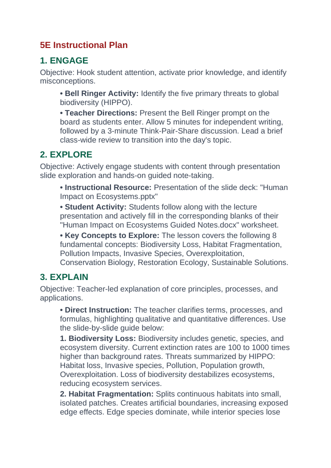 Human Impact on Ecosystems 5E Lesson Plan sample page