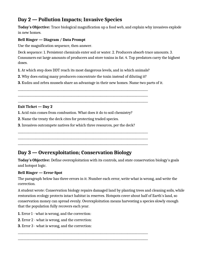 Human Impact on Ecosystems Bell Ringers & Exit Tickets sample page