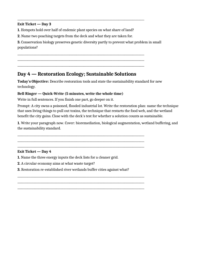 Human Impact on Ecosystems Bell Ringers & Exit Tickets sample page