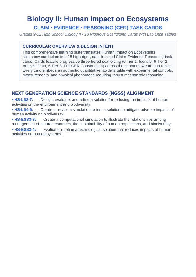 Human Impact on Ecosystems CER Task Cards sample page