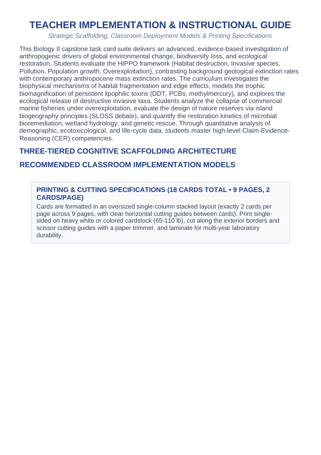 Human Impact on Ecosystems CER Task Cards sample page