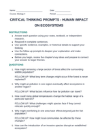 Human Impact on Ecosystems Critical Thinking Prompts sample page