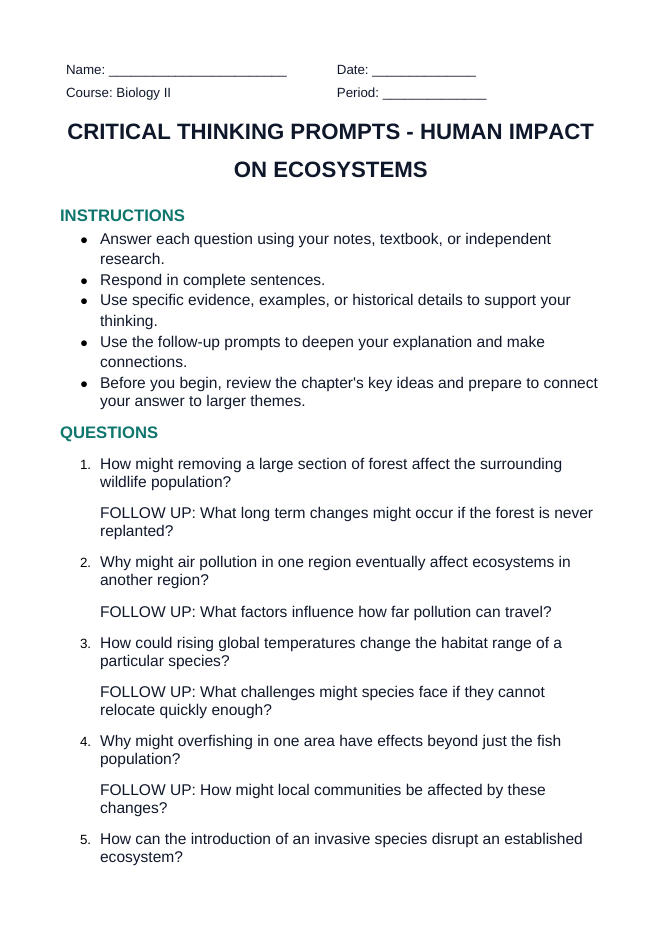 Human Impact on Ecosystems Critical Thinking Prompts sample page