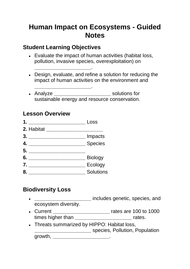 Human Impact on Ecosystems Guided Notes sample page