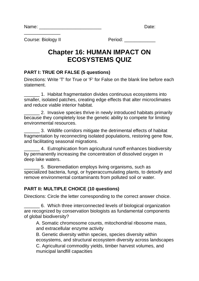 Human Impact on Ecosystems Lesson Quiz sample page