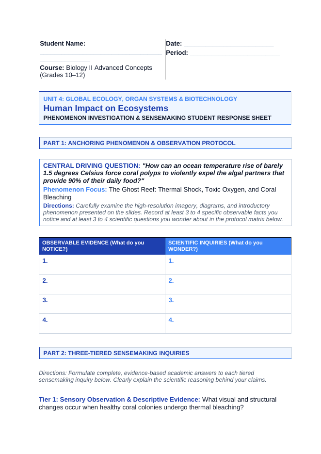 Human Impact on Ecosystems Phenomena-Based Lesson: The Ghost Reef: Thermal Shock, Toxic Oxygen, and Coral Bleaching Student Response Sheet sample page
