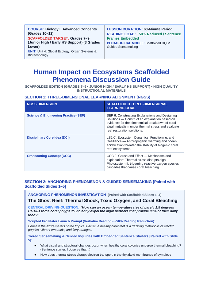 Human Impact on Ecosystems Scaffolded Phenomena-Based Lesson: The Ghost Reef: Thermal Shock, Toxic Oxygen, and Coral Bleaching Teacher Discussion Guide sample page