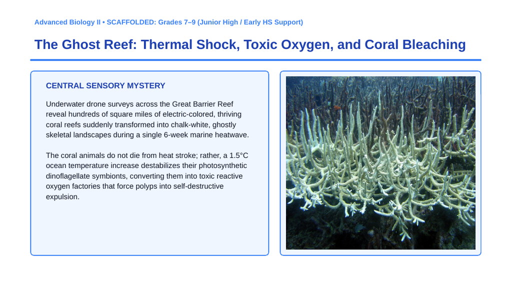 Human Impact on Ecosystems Scaffolded Phenomena-Based Lesson: The Ghost Reef: Thermal Shock, Toxic Oxygen, and Coral Bleaching Presentation sample page