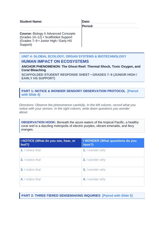 Human Impact on Ecosystems Scaffolded Phenomena-Based Lesson: The Ghost Reef: Thermal Shock, Toxic Oxygen, and Coral Bleaching Student Response Sheet sample page