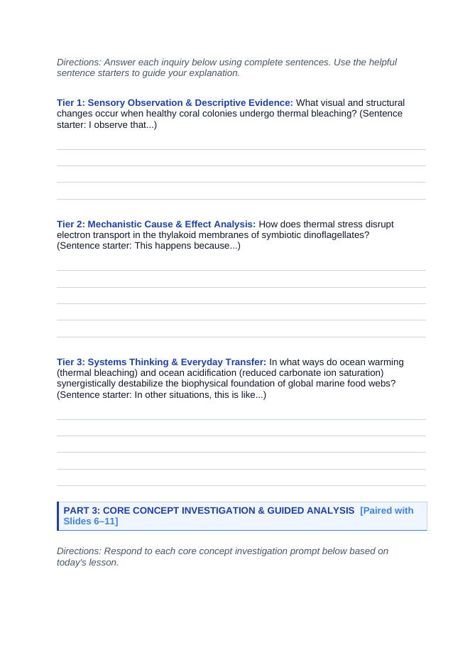 Human Impact on Ecosystems Scaffolded Phenomena-Based Lesson: The Ghost Reef: Thermal Shock, Toxic Oxygen, and Coral Bleaching Student Response Sheet sample page