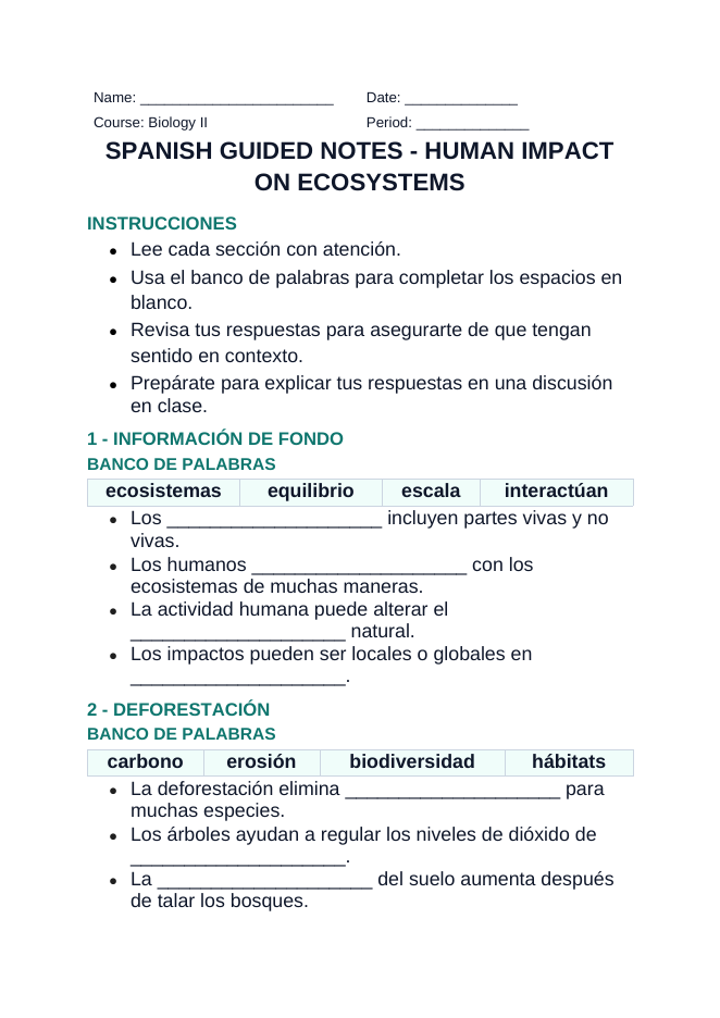 Human Impact on Ecosystems Spanish Guided Notes sample page