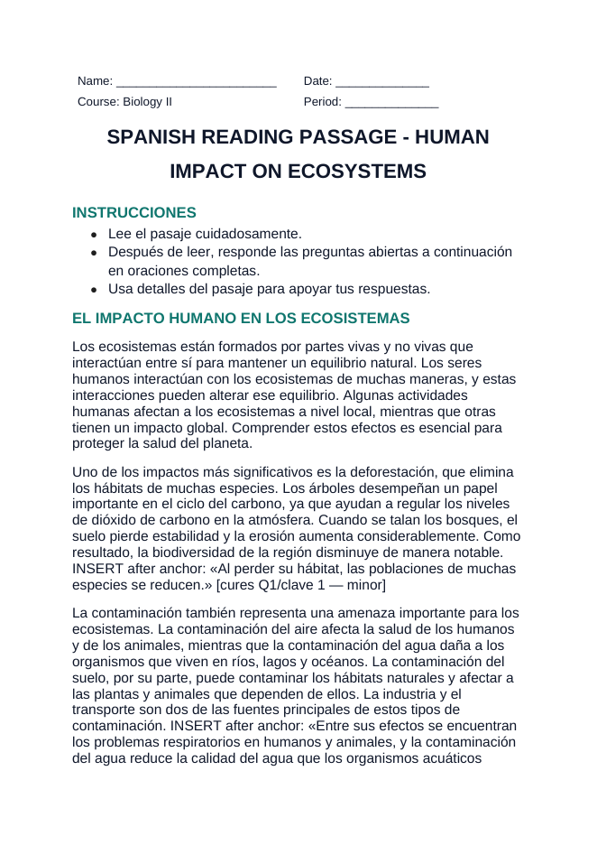 Human Impact on Ecosystems Spanish Reading Passage & Comprehension Questions sample page