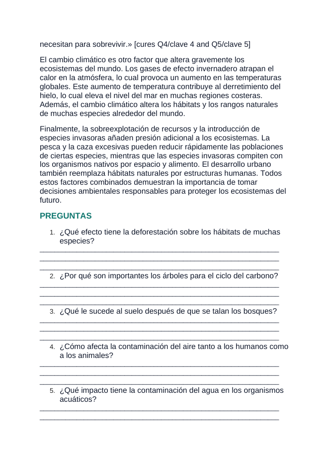 Human Impact on Ecosystems Spanish Reading Passage & Comprehension Questions sample page