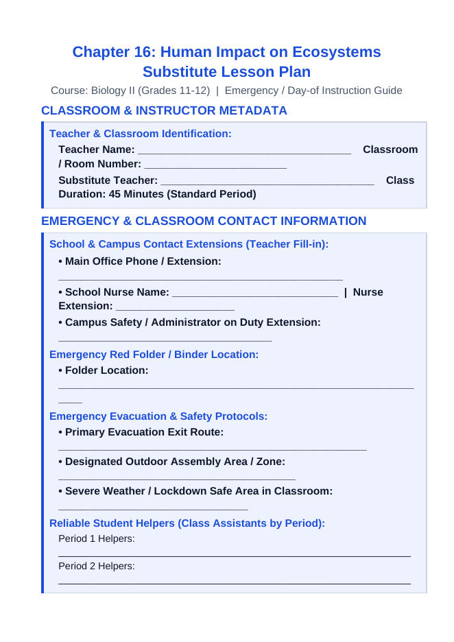 Human Impact on Ecosystems Substitute Lesson Plan sample page