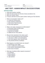 Human Impact on Ecosystems Unit Test sample page