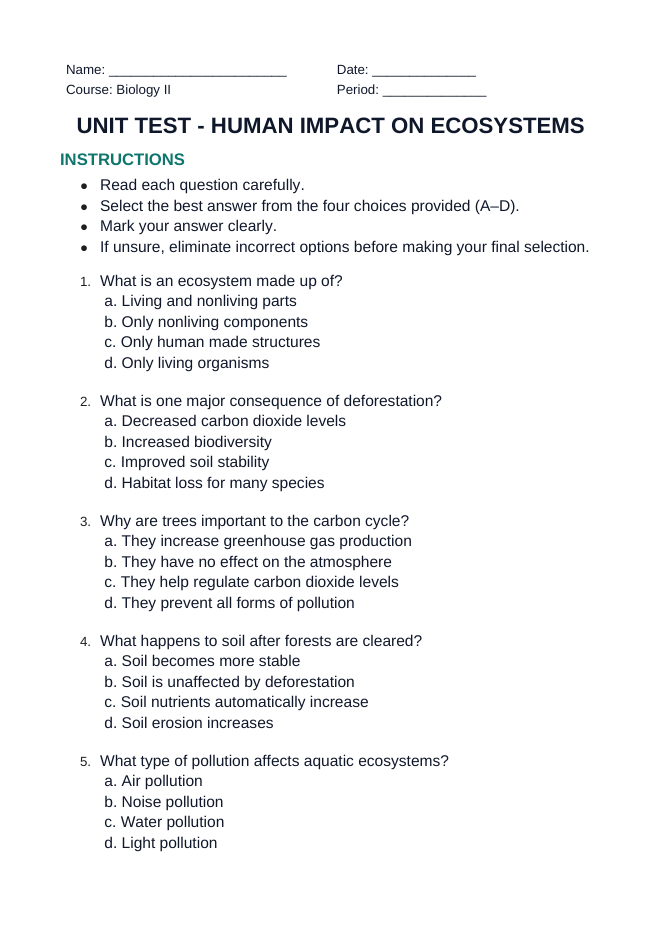 Human Impact on Ecosystems Unit Test sample page