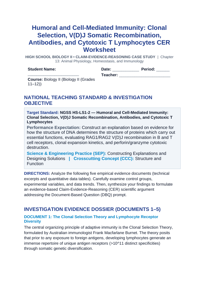 Humoral and Cell-Mediated Immunity: Clonal Selection, V(D)J Somatic Recombination, Antibodies, and Cytotoxic T Lymphocytes CER Phenomena Worksheet sample page