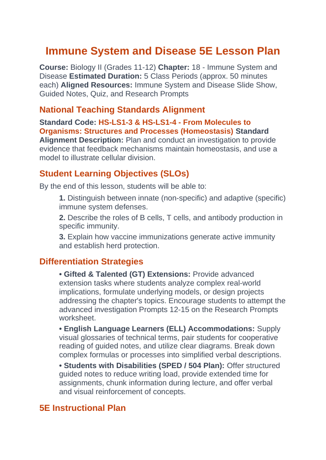 Immune System & Disease 5E Lesson Plan sample page