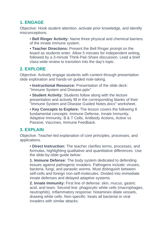 Immune System & Disease 5E Lesson Plan sample page