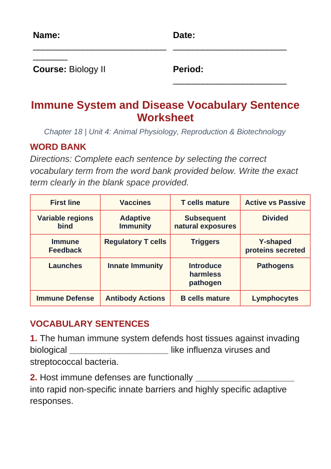 Immune System & Disease Fill-in-the-Blank Vocabulary Worksheet sample page