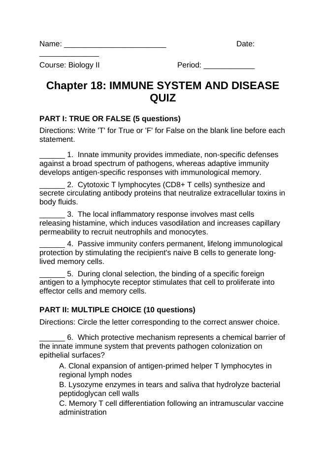 Immune System & Disease Lesson Quiz sample page