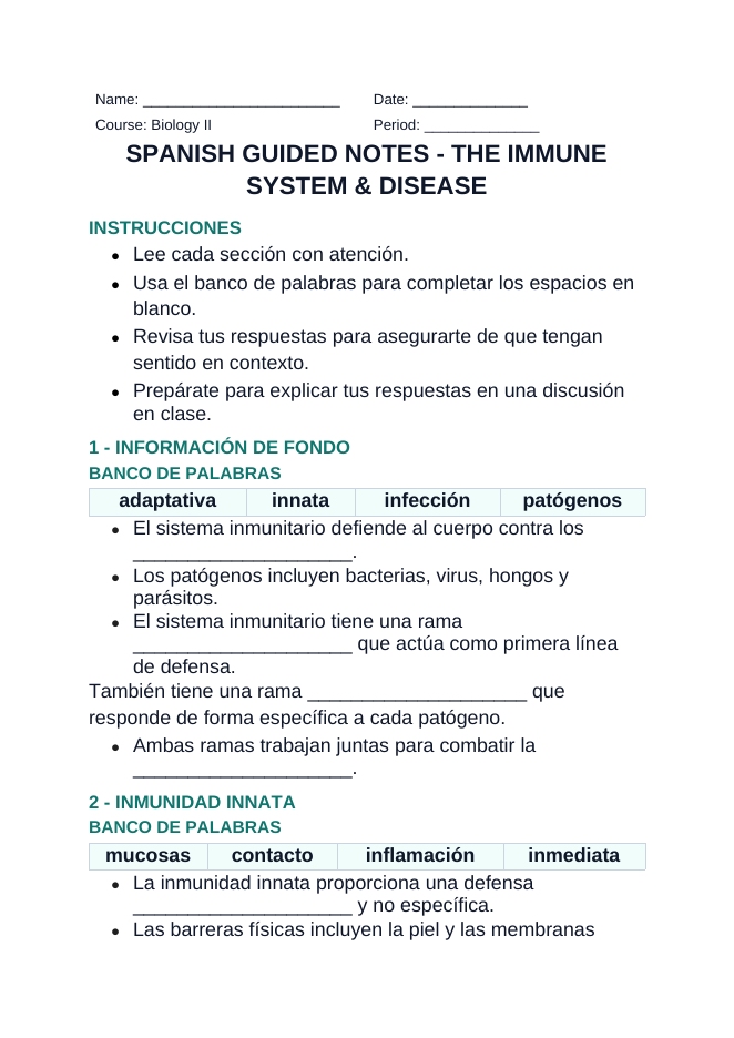 Immune System & Disease Spanish Guided Notes sample page