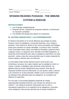 Immune System & Disease Spanish Reading Passage & Comprehension Questions sample page