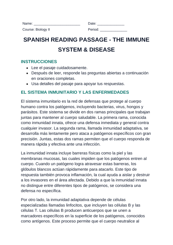 Immune System & Disease Spanish Reading Passage & Comprehension Questions sample page