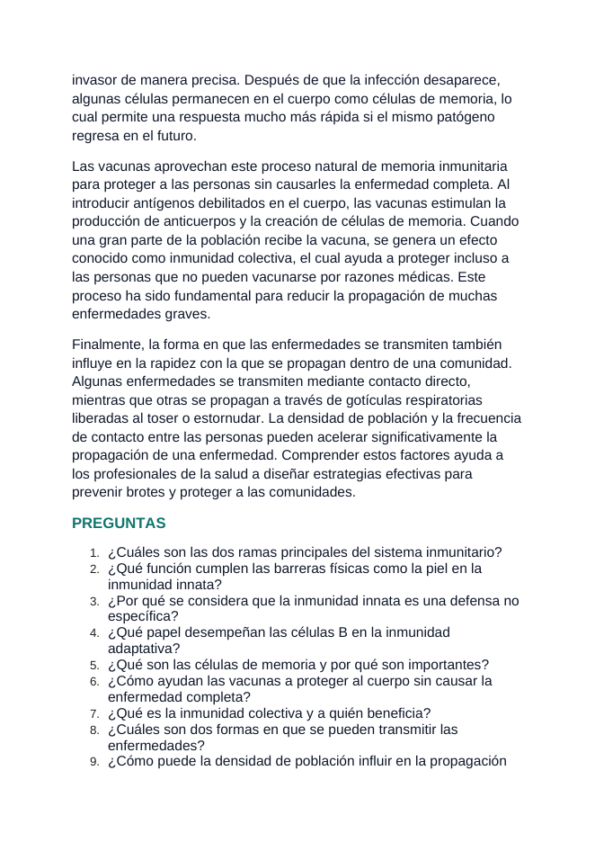 Immune System & Disease Spanish Reading Passage & Comprehension Questions sample page