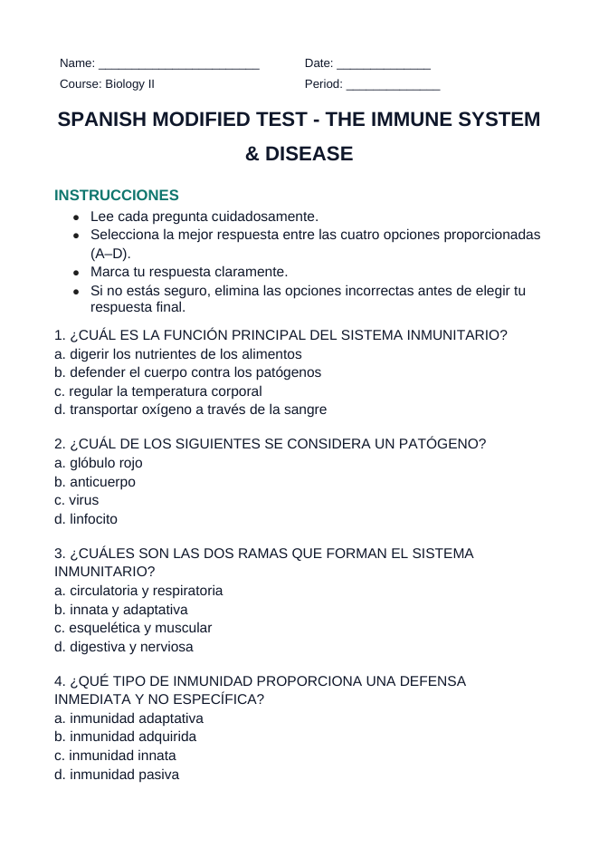 Immune System & Disease Spanish Unit Test sample page