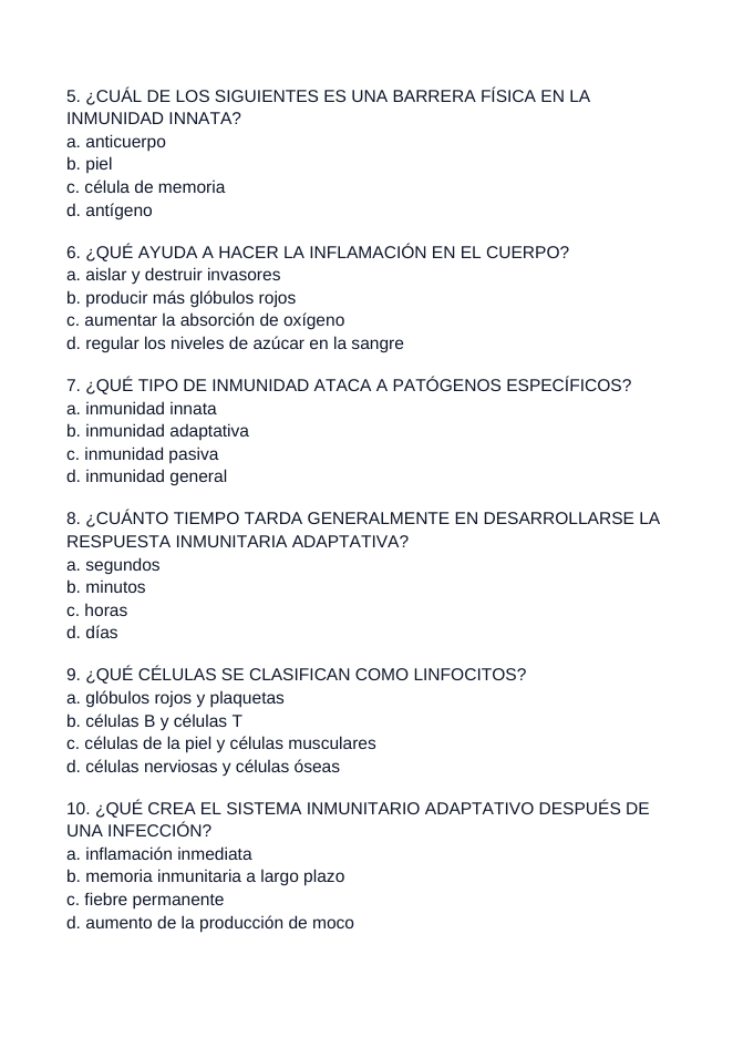 Immune System & Disease Spanish Unit Test sample page