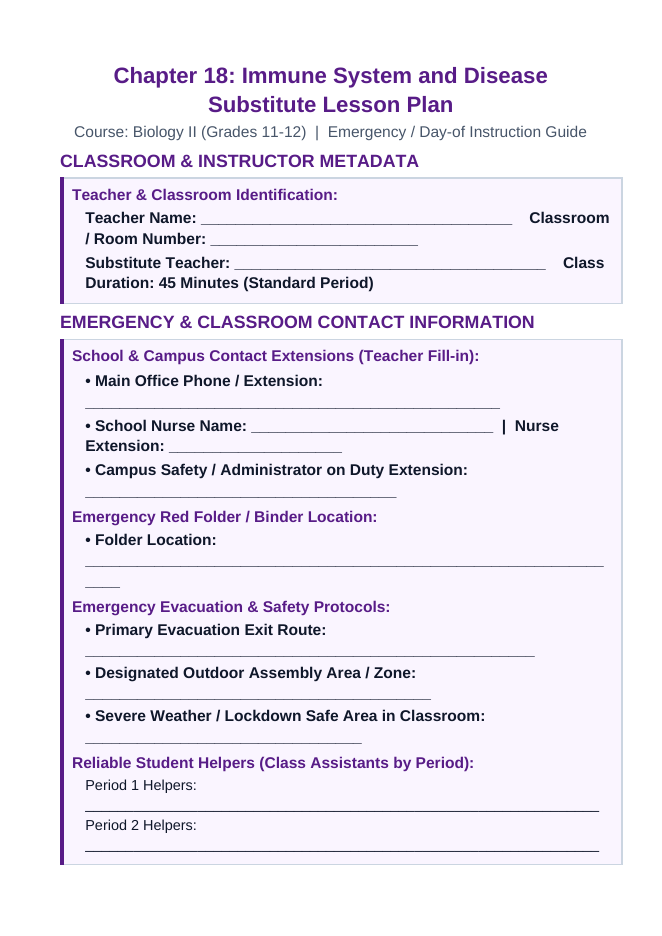 Immune System & Disease Substitute Lesson Plan sample page
