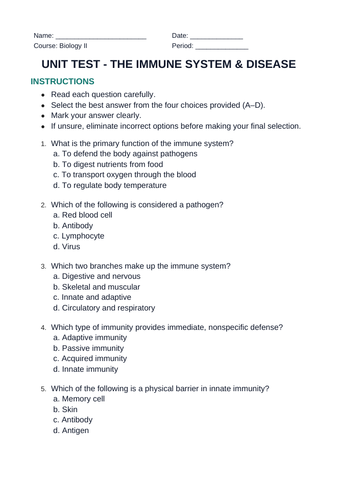 Immune System & Disease Unit Test sample page