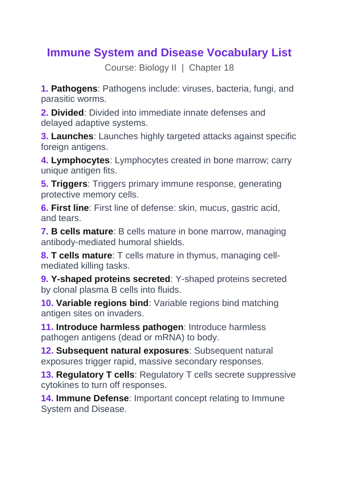 Immune System & Disease Vocabulary Words & Definitions sample page