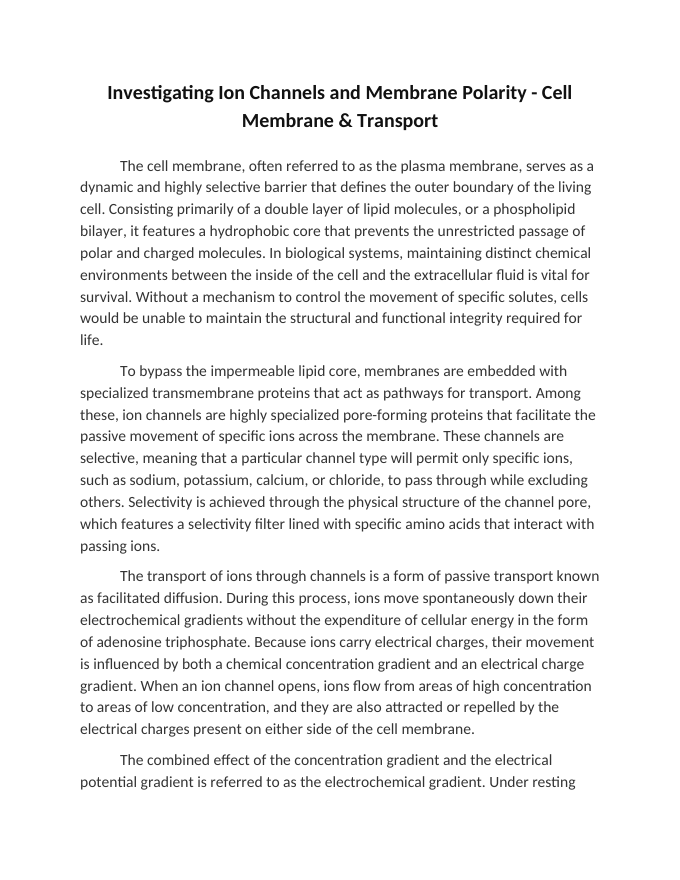 Investigating Ion Channels and Membrane Polarity Reading Worksheet sample page