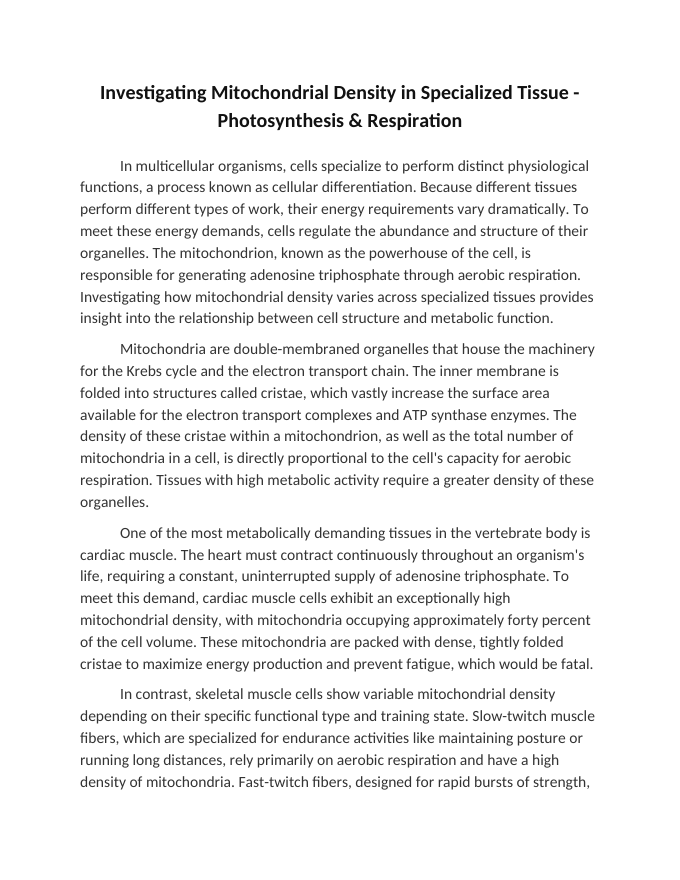 Investigating Mitochondrial Density in Specialized Tissue Reading Worksheet sample page