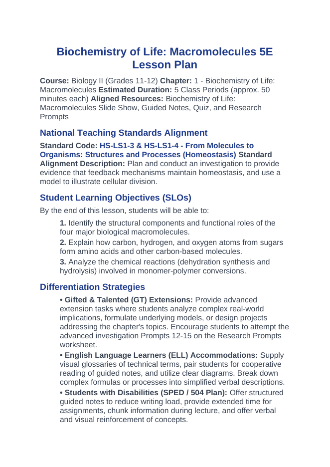 Macromolecules 5E Lesson Plan sample page