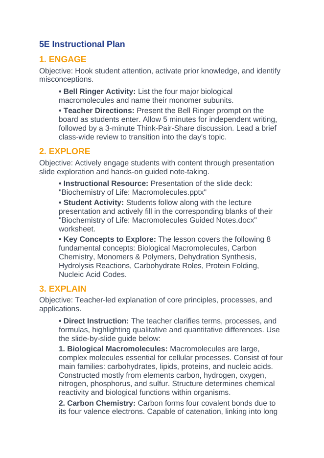 Macromolecules 5E Lesson Plan sample page