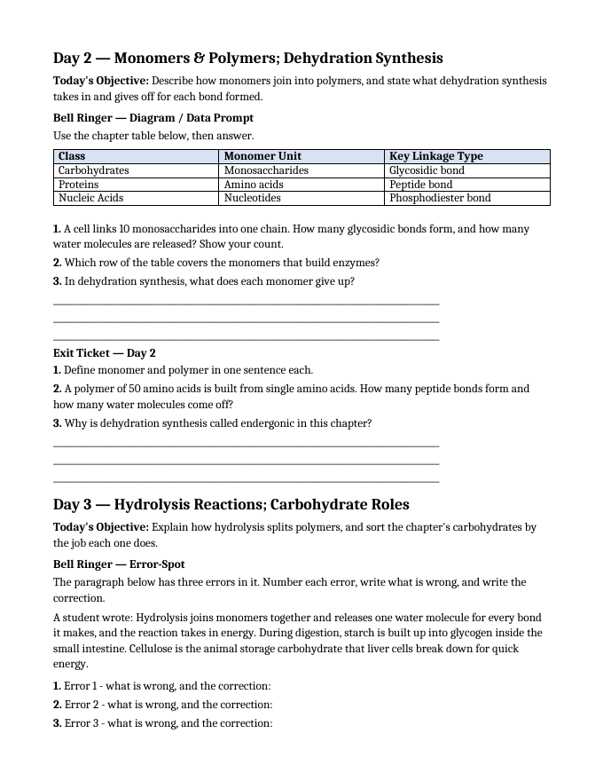 Macromolecules Bell Ringers & Exit Tickets sample page