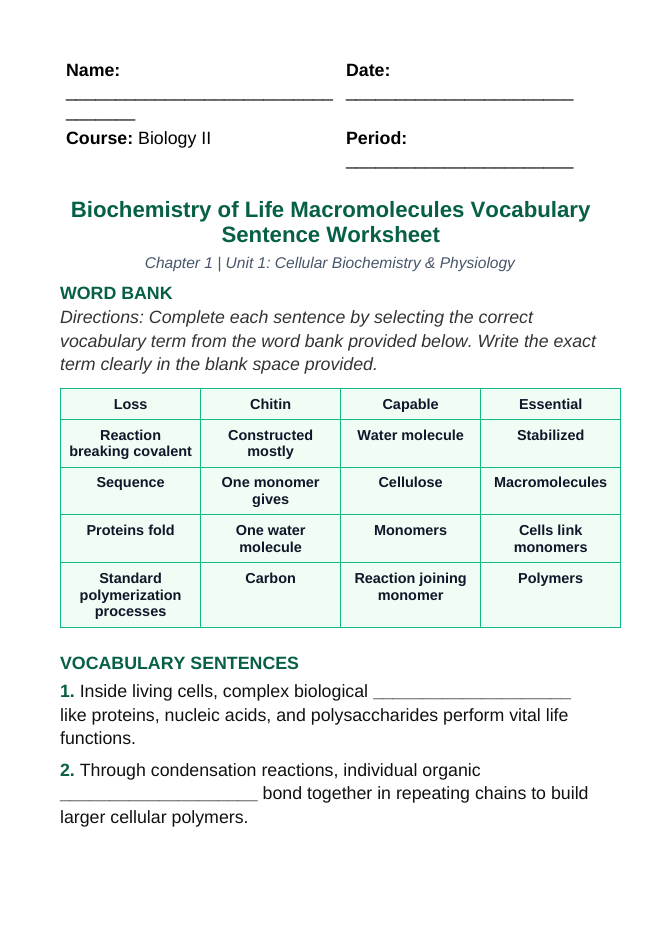 Macromolecules Fill-in-the-Blank Vocabulary Worksheet sample page
