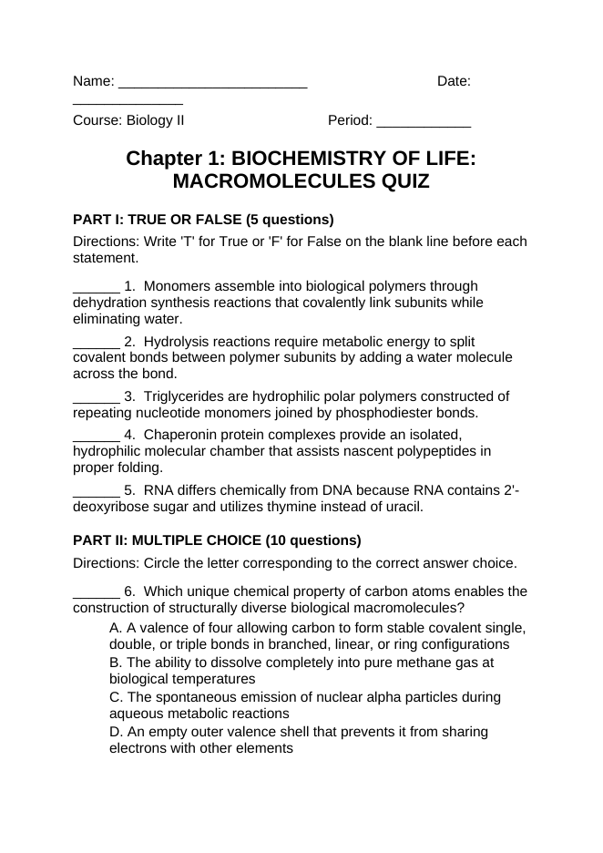 Macromolecules Lesson Quiz sample page