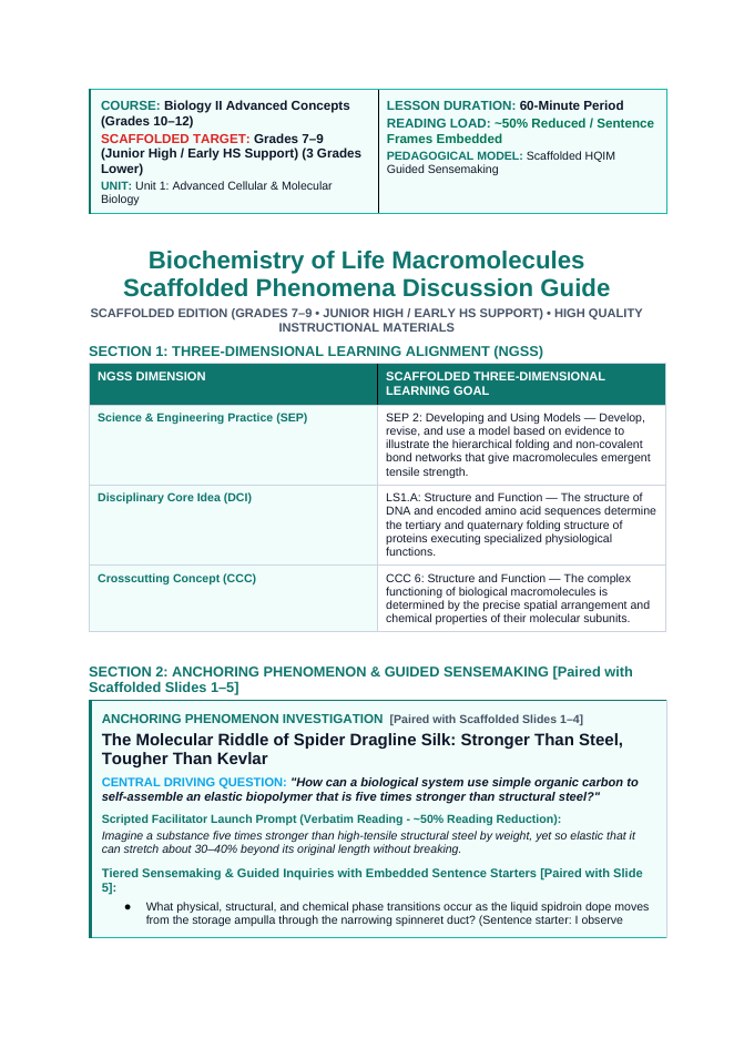 Macromolecules Scaffolded Phenomena-Based Lesson: The Molecular Riddle of Spider Dragline Silk: Stronger Than Steel, Tougher Than Kevlar Teacher Discussion Guide sample page