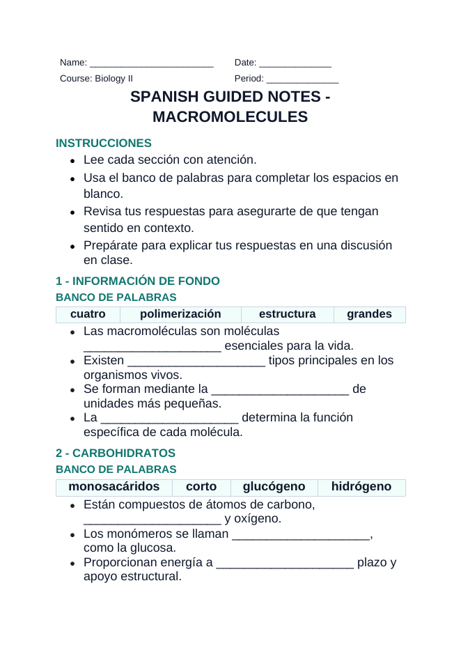Macromolecules Spanish Guided Notes sample page