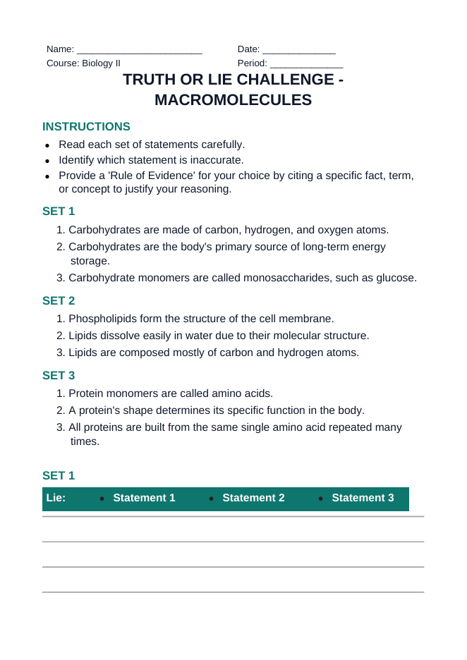 Macromolecules Truth or Lie Challenge sample page