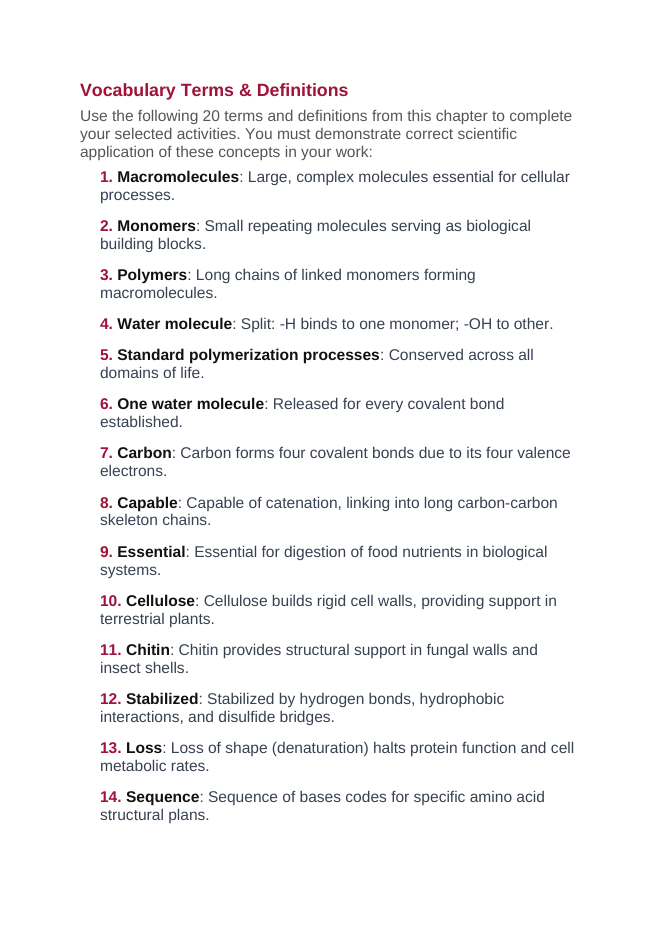 Macromolecules Vocabulary Choice Board sample page