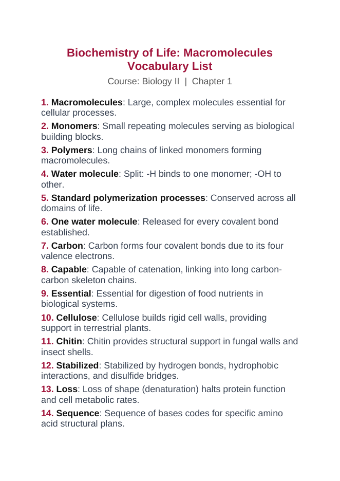 Macromolecules Vocabulary Words & Definitions sample page