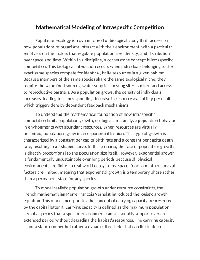 Mathematical Modeling of Intraspecific Competition Reading Worksheet sample page