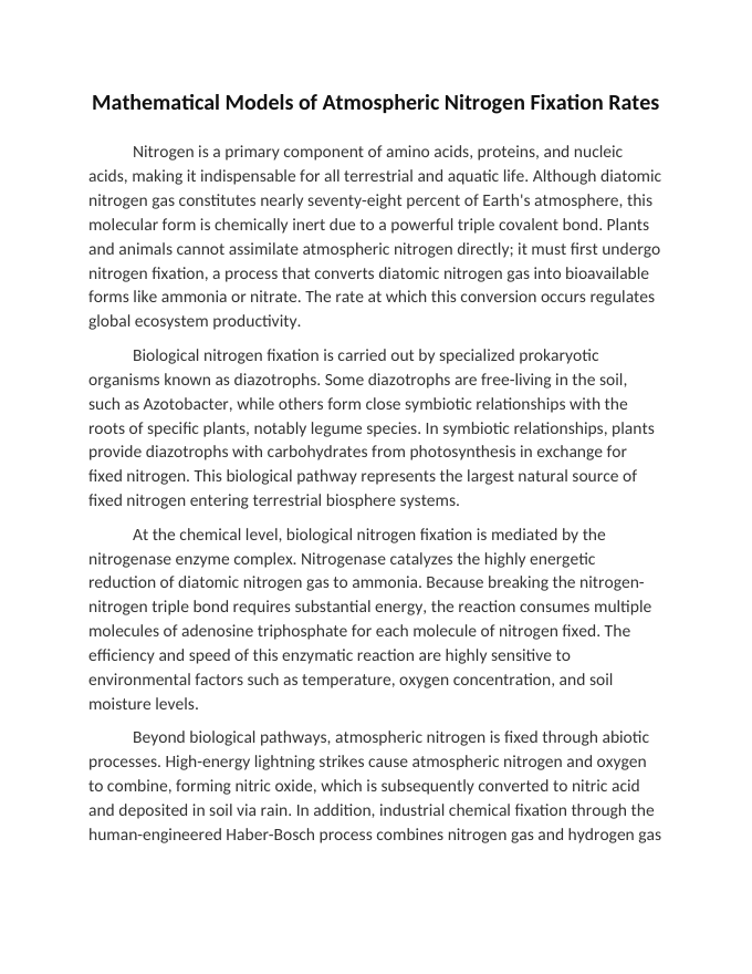 Mathematical Models of Atmospheric Nitrogen Fixation Rates Reading Worksheet sample page